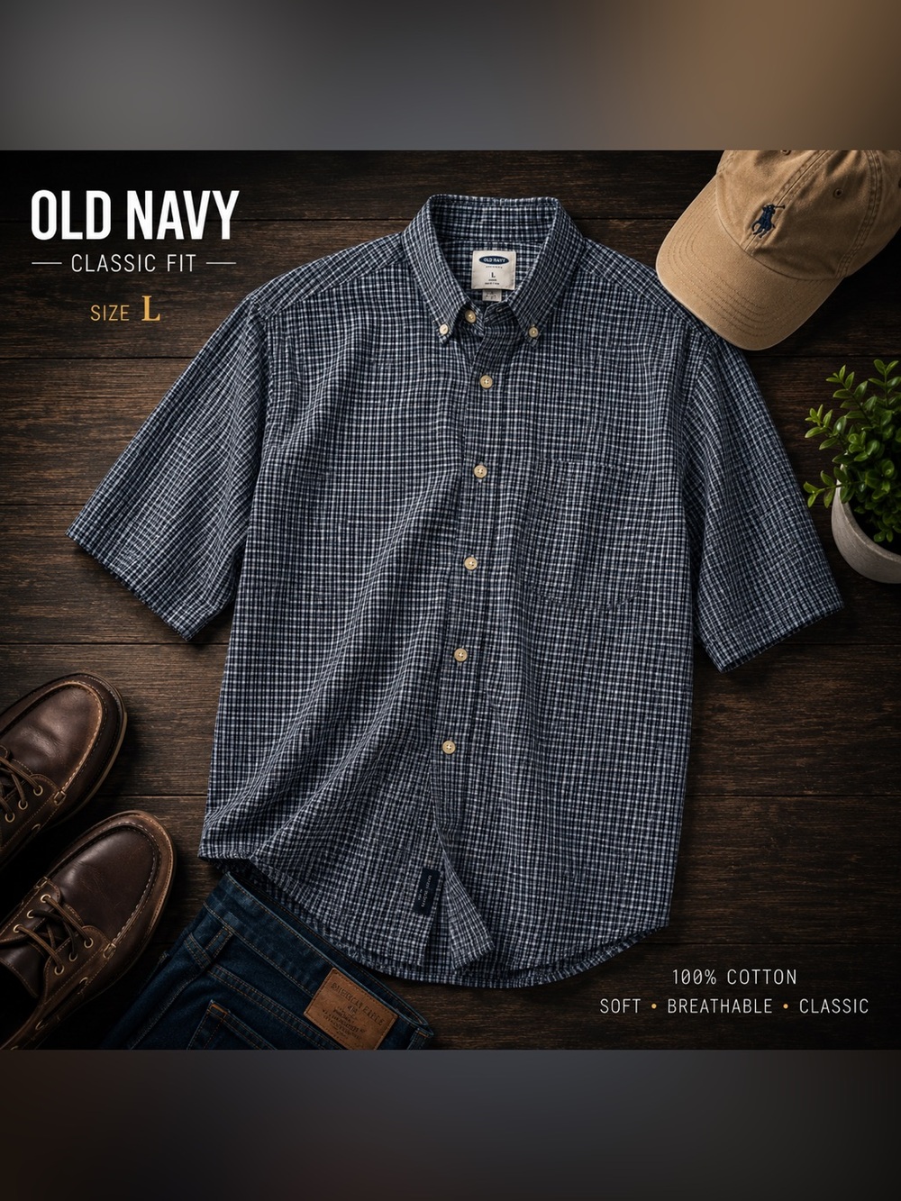 Old Navy Navy Blue Check Short-Sleeve Button-Down Shirt